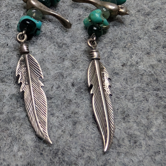 Vintage Zuni Sterling Silver Turquoise Bird & Feather Dangle Earrings - Picture 3 of 4